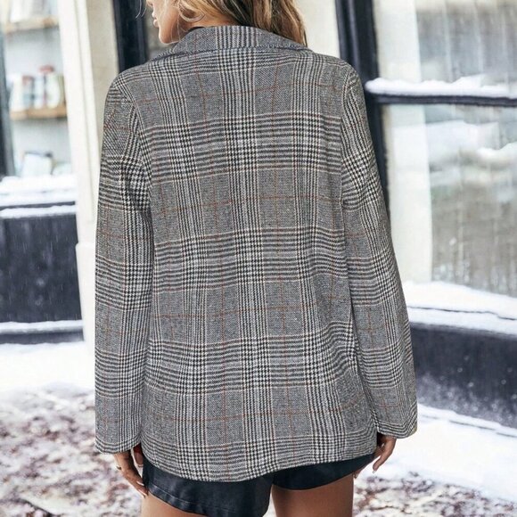Chocolate Brown Casual Women's Plaid Print Elegant Long Sleeve Blazer - Picture 2 of 4